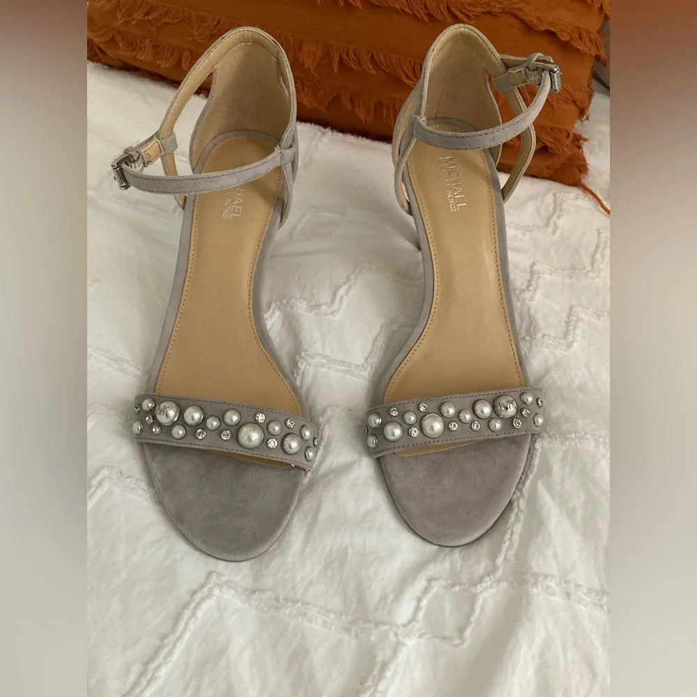 Michael Kors Gray Suede Pearl-Embellished Ankle Strap Heels
